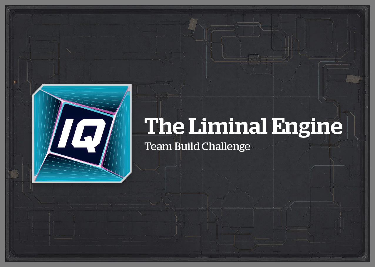 Liminal Engine A5 cue card · dark circuit board texture with the IQ cube logo and 'The Liminal Engine · Team Build Challenge' typeset in white.