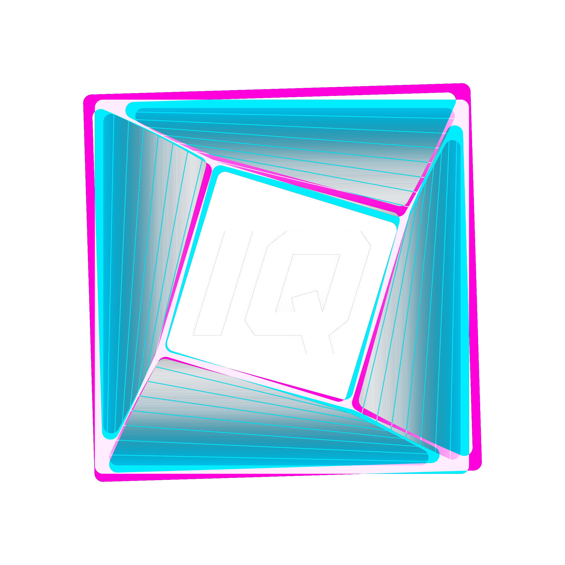 Iso Quest logo · a magenta and cyan translucent cube with an 'IQ' mark centred inside, viewed from an angle.