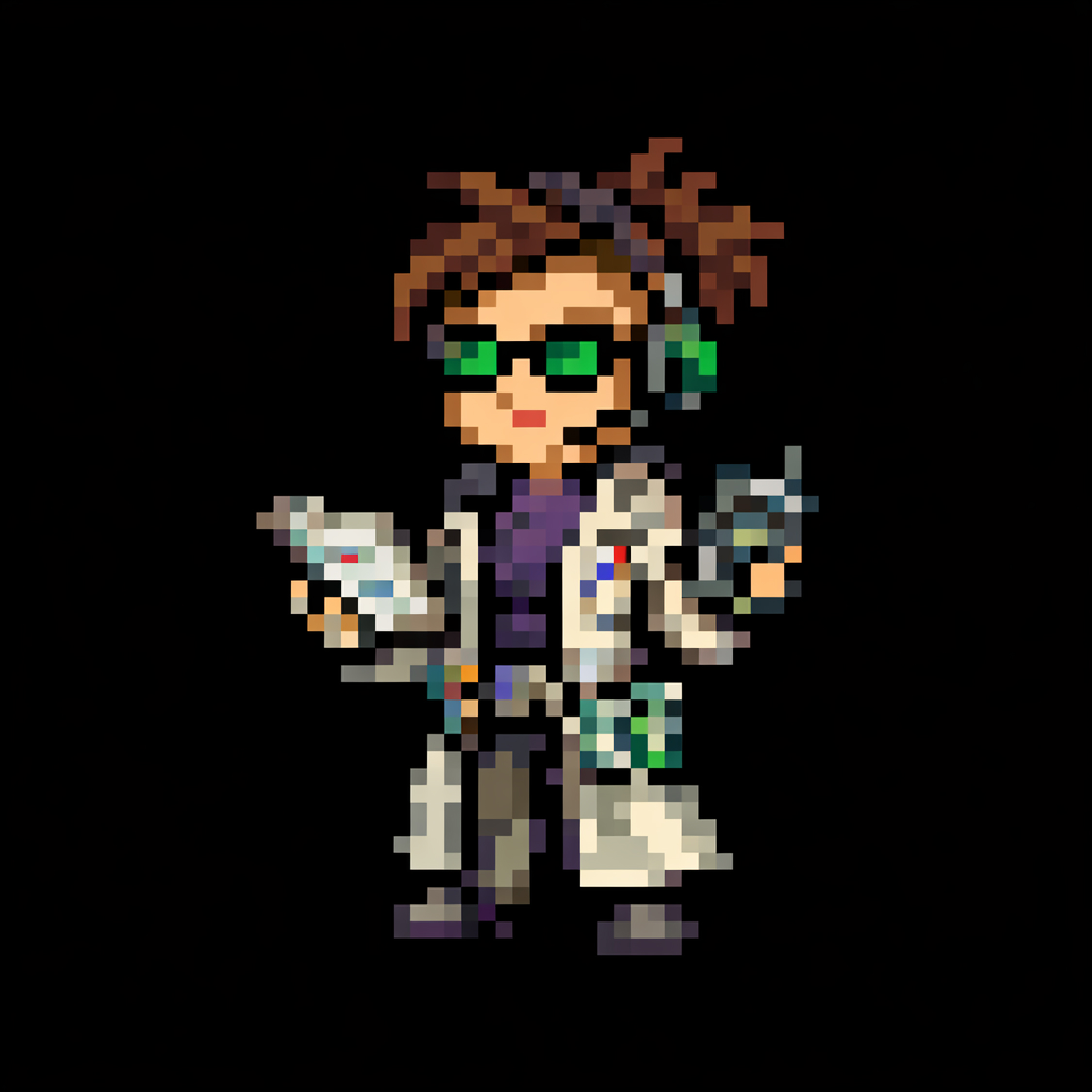 Dr Mara Voss · pixel art character from Iso Quest ARG. Wild brown hair, green glasses, headphones, purple shirt, white lab coat, holding two instruments.